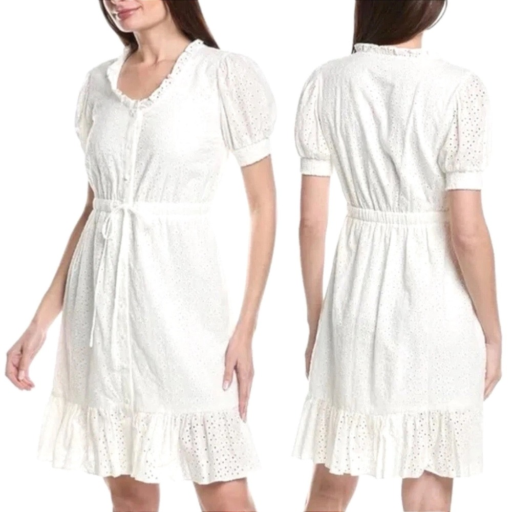 Nanette Lepore Mila Eyelet Dress 6 White Cottagecore Ruffle Tie Waist‎ Coastal